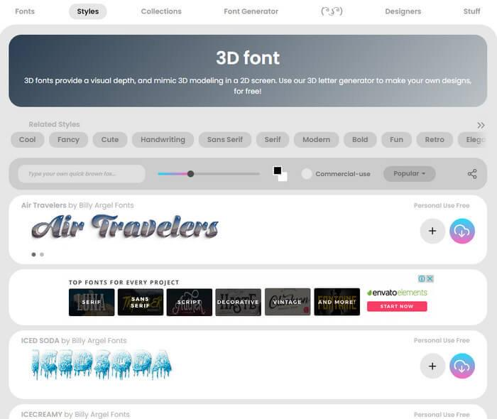 FontSpace's 3D text generator interface 
