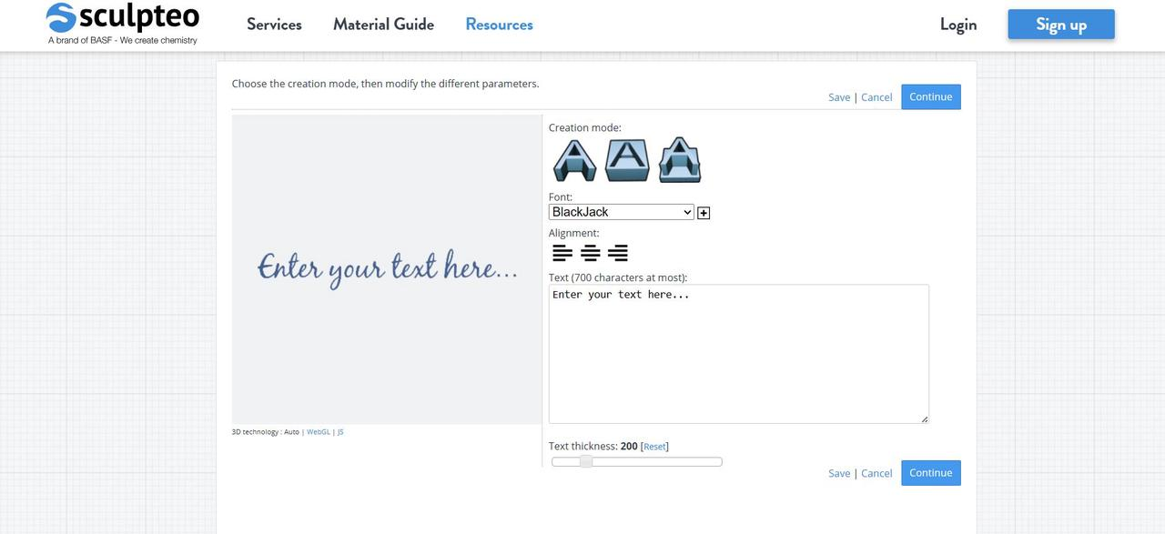 Sculpteo's 3D text generator interface