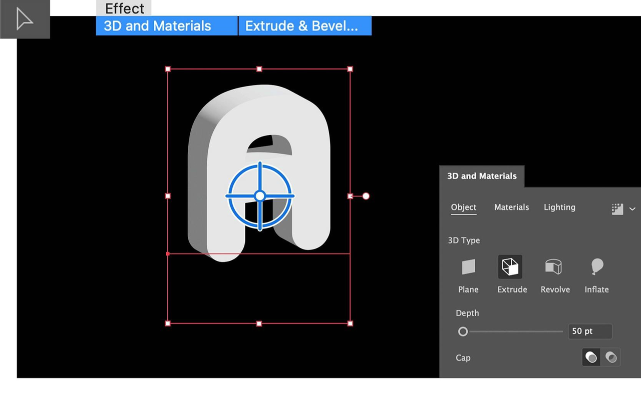 Selecting the font and entering the third dimension in Adobe 3D text Illustrator 