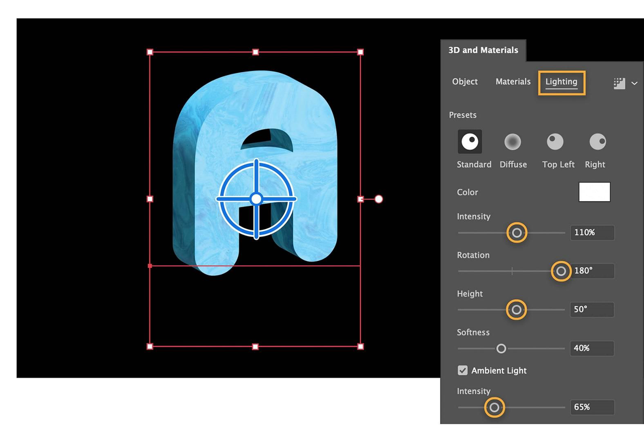 Adjusting the texture and lighting of the font in Adobe 3D text Illustrator