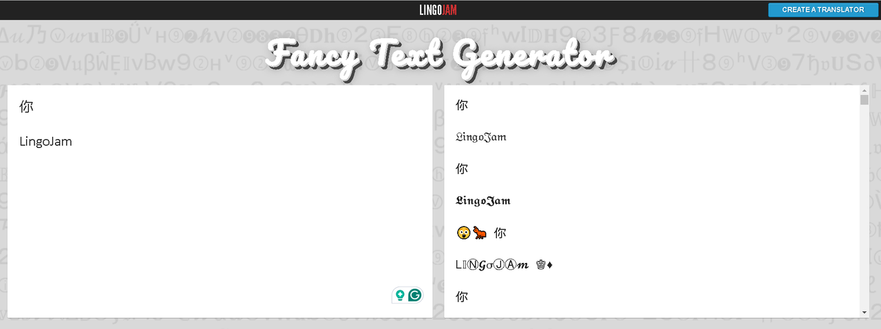 LingoJam aesthetic font generator showcasing multiple language support and various font transformations for aesthetic text creation