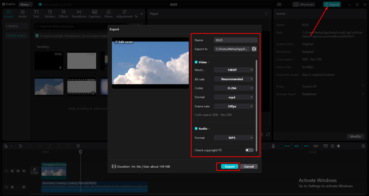 Exporting video from the CapCut desktop video editor