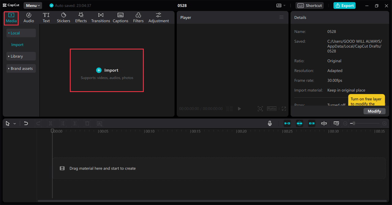 Media importing options in CapCut desktop video editor