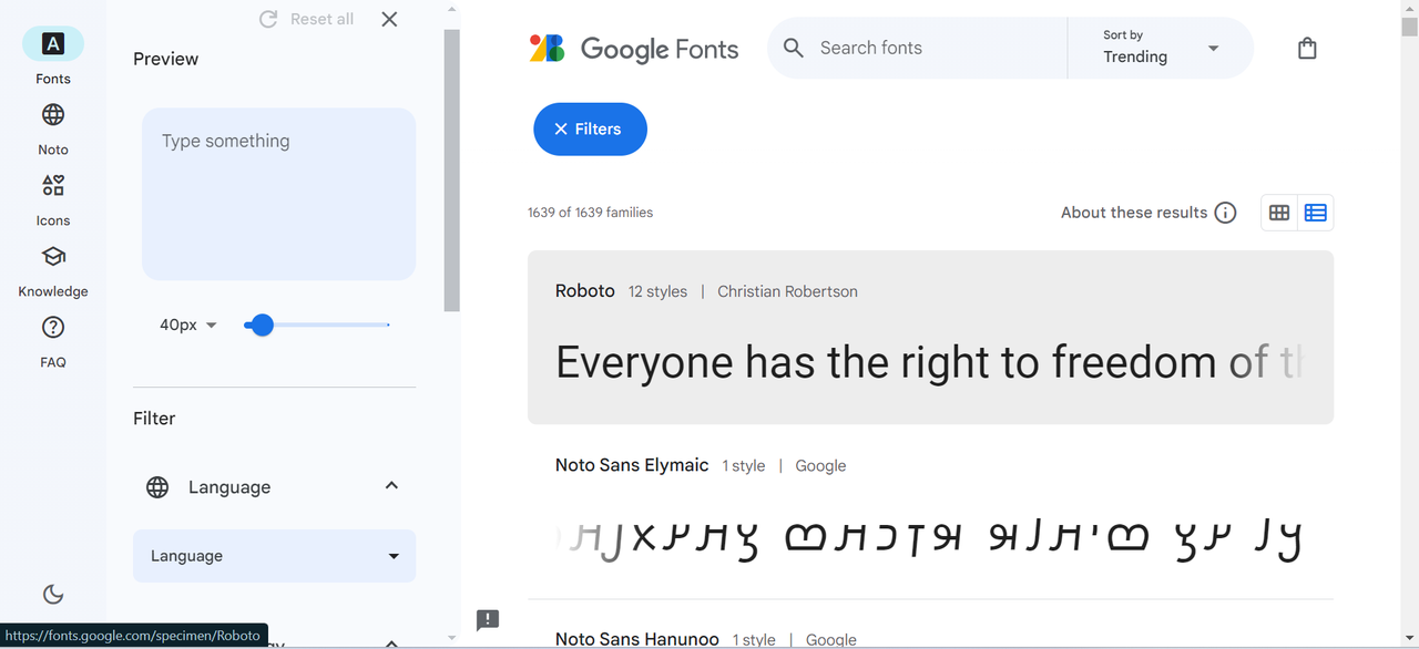 Google Fonts interface showcasing various font styles