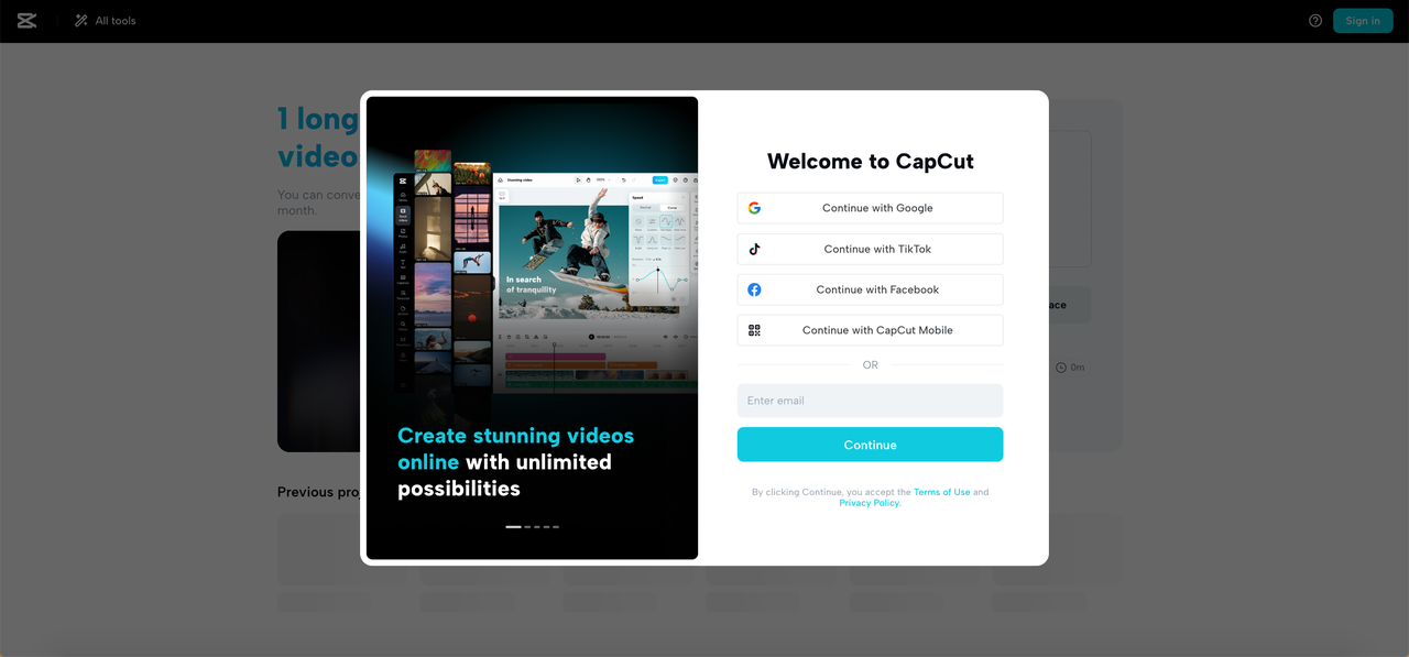 Sign up for CapCut video clip editor online