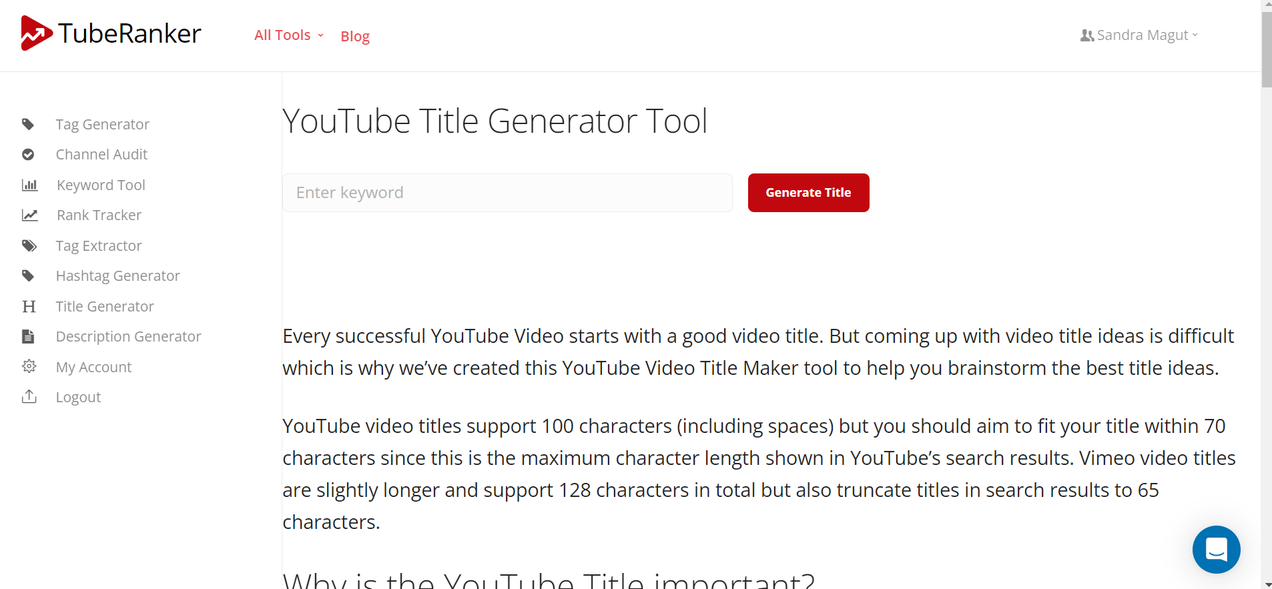 TubeRanker, one of the best AI Youtube video title generator 