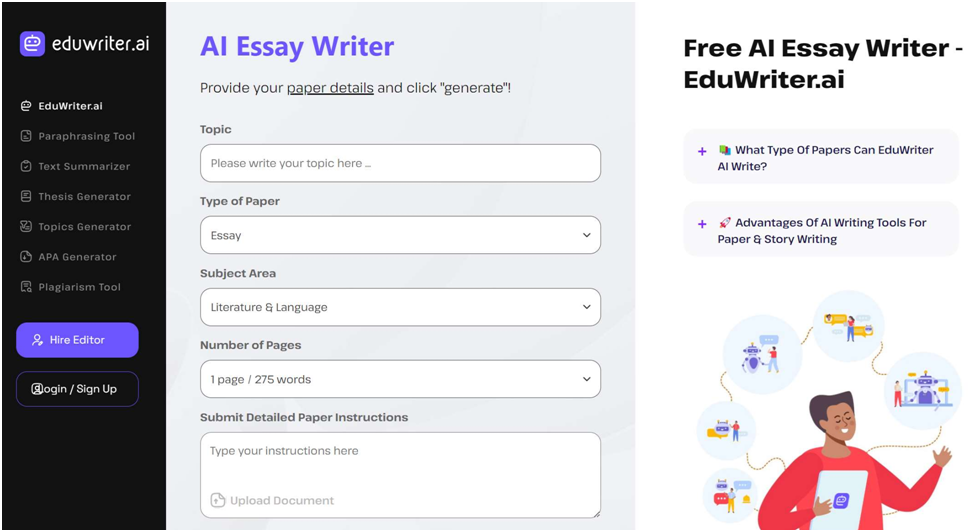 Eduwriter.ai interface highlighting its features for in-depth research support and student-friendly navigation