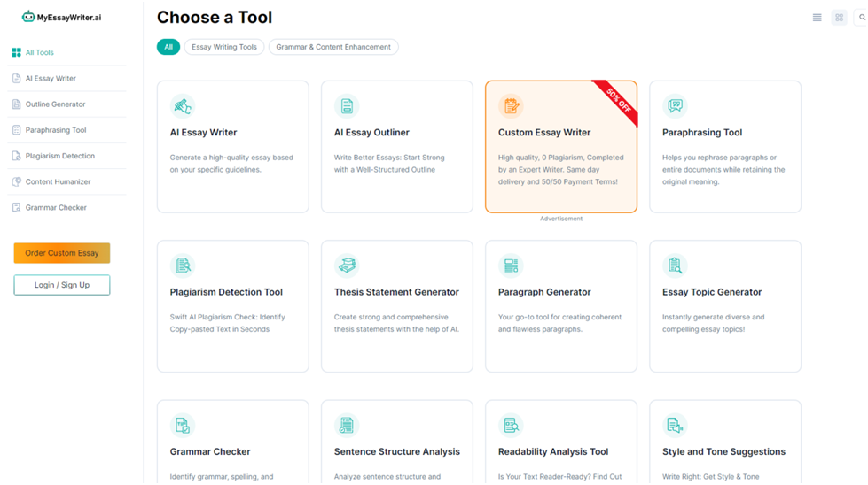 MyEssayWriter.ai interface emphasizing its features for personalized content generation and argument development