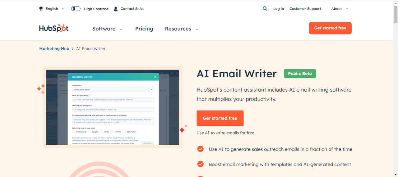 HubSpot AI email writer interface showing personalized email creation using AI