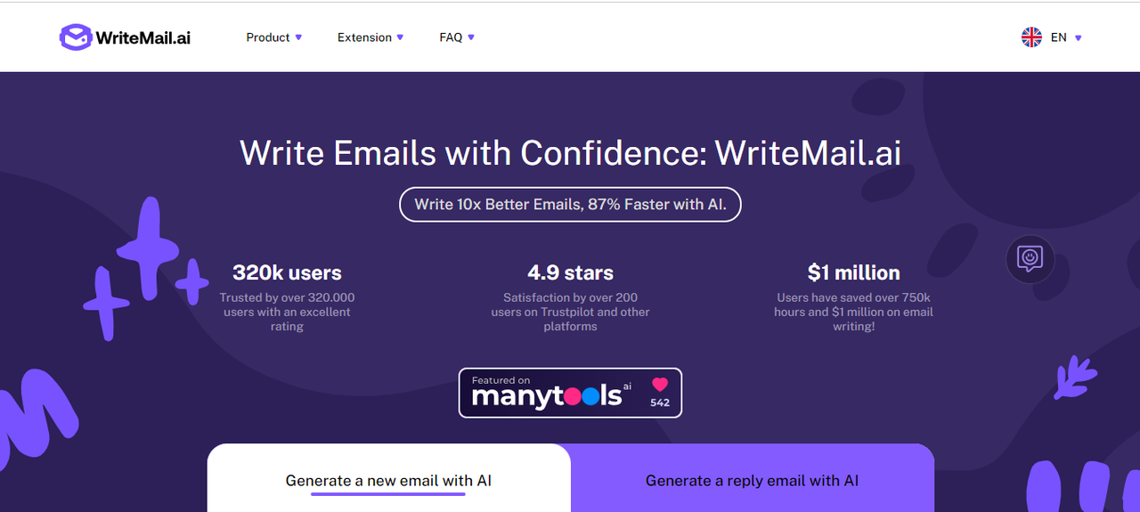 Interface of WriteMail showcasing AI email writing