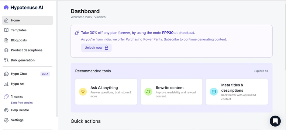 Hypotenuse AI SEO interface showing various content creation tools