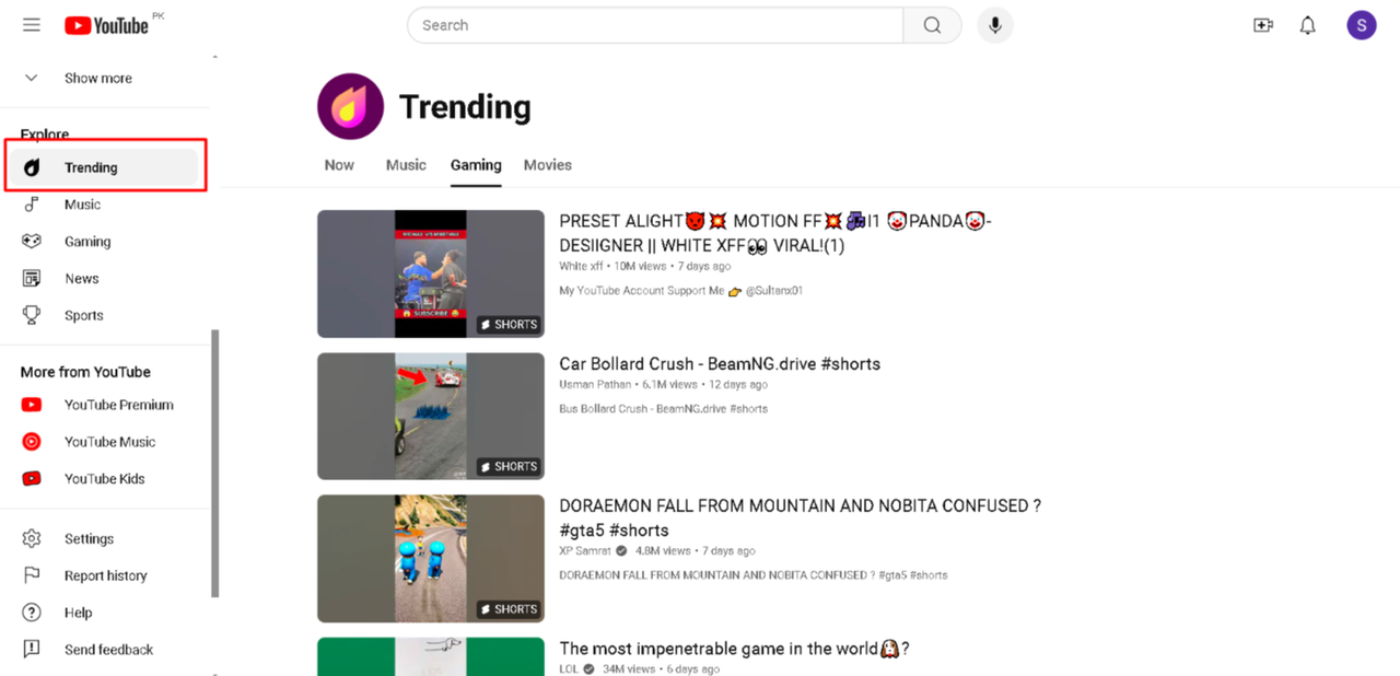 YouTube Trending tab displaying the most trending YouTube topics