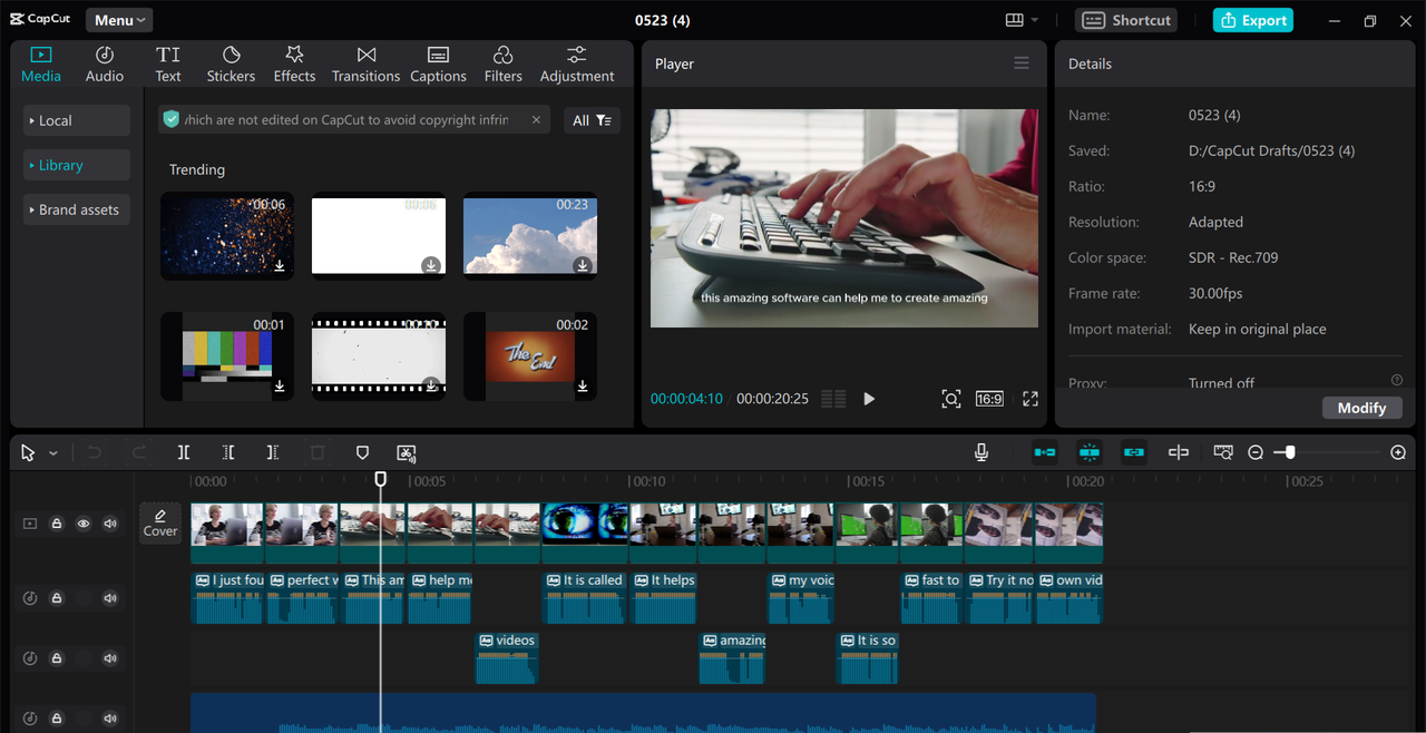 CapCut desktop video editor interface to create and edit videos on the most trending YouTube topics