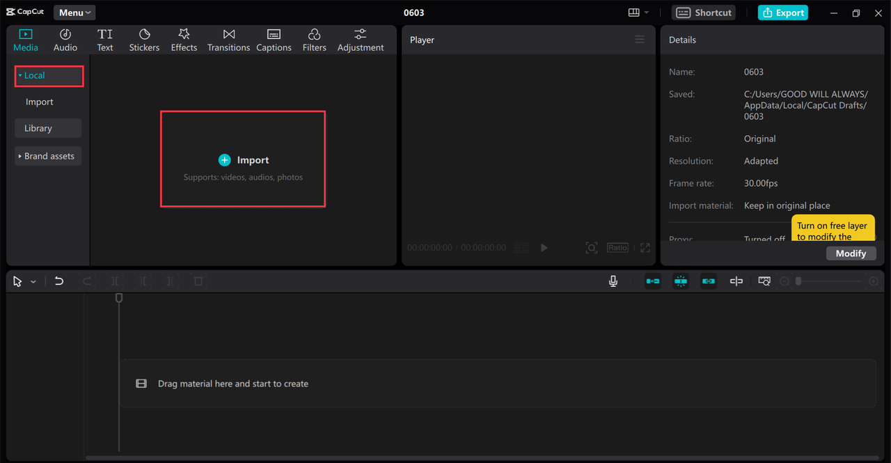 Importing media from your device to the CapCut desktop video editor