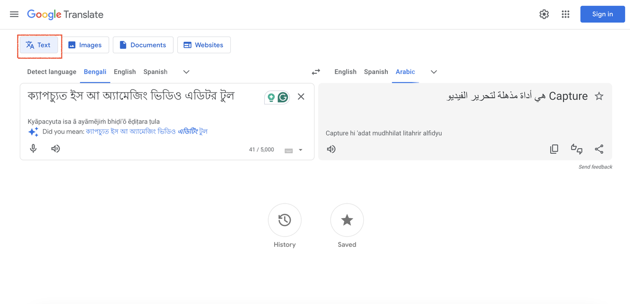 text Google Translate Arabic to Bangla 