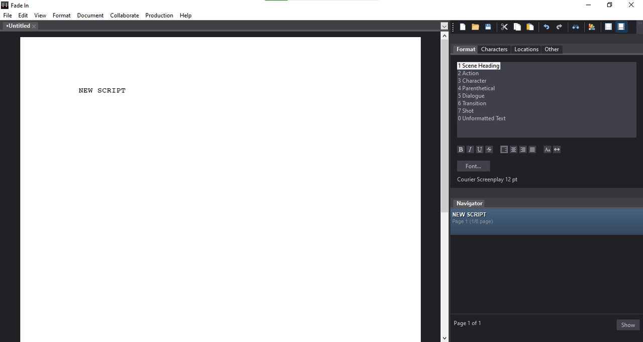 Screenshot of Fade In scriptwriting tool interface