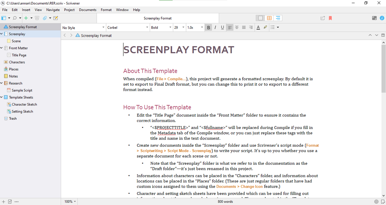 Screenshot of Scrivener scriptwriting tool interface