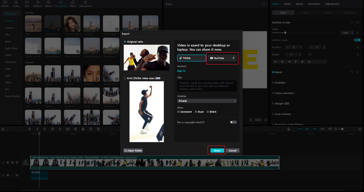 how to quickly share a YouTube video on CapCut after using a YouTube channel keywords generator