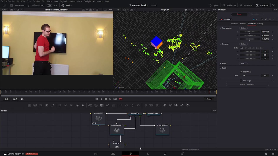 DaVinci Resolve interface showing the integration of camera tracking into the video