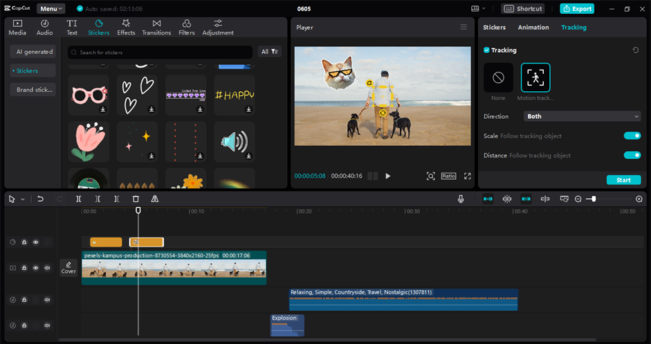 Interface of CapCut desktop video editor showing integration of camera tracking into the video