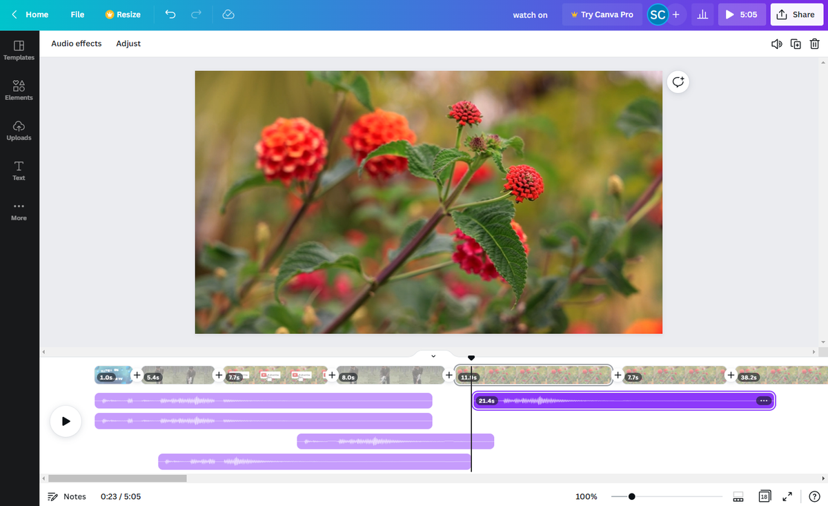 Video editing interface of Canva - free reel maker online