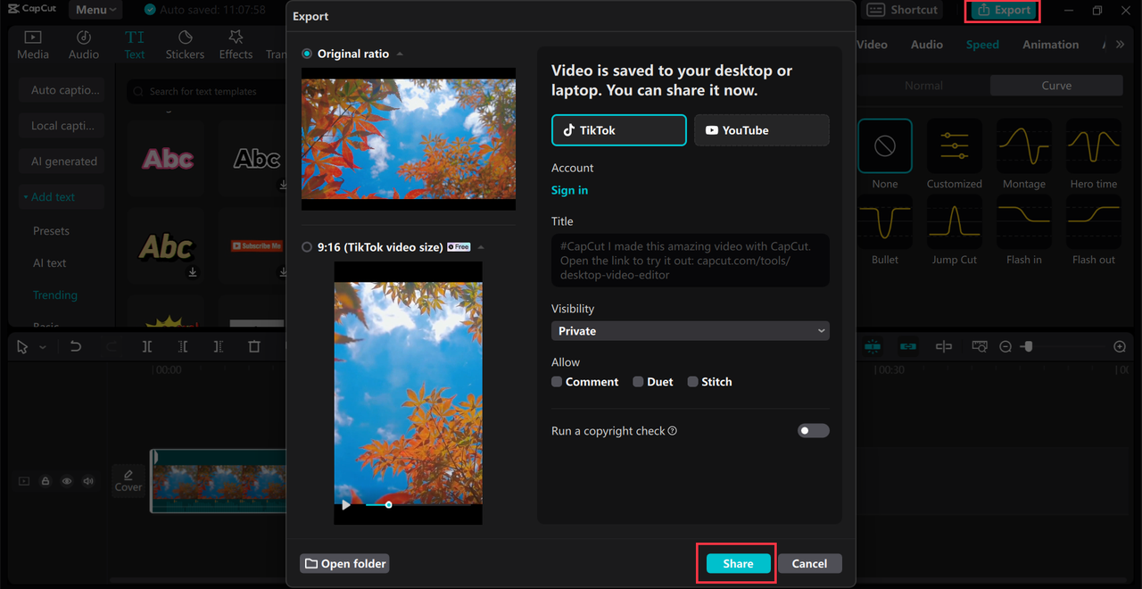 Exporting and sharing video to your social media platform from the CapCut desktop video editor
