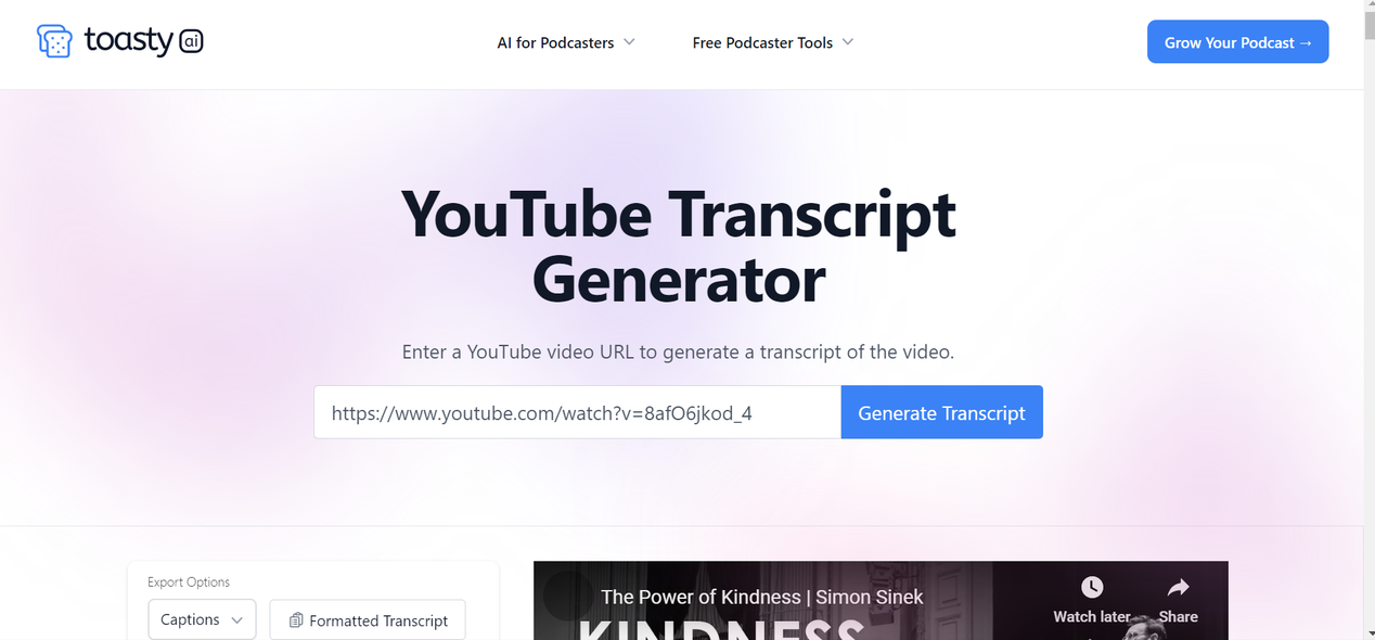 ToastyAI, an easy to use transcript generator for YouTube