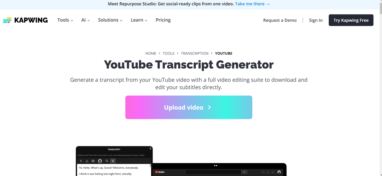 The Kapwing interface, and ideal free YouTube transcript generator for beginners