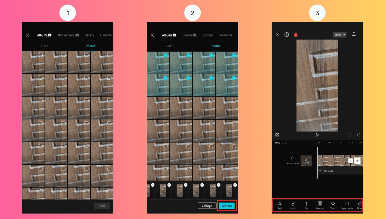 Select media for creating slideshow in CapCut mobile app