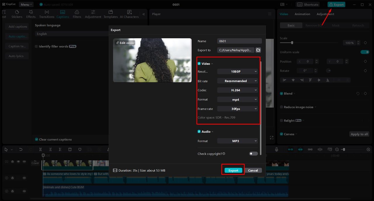 Exporting the commercial from the CapCut desktop video editor