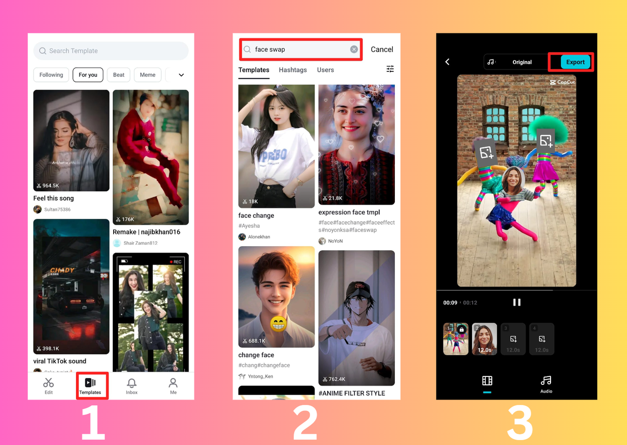 CapCut App interface showing how to use the face swap templates