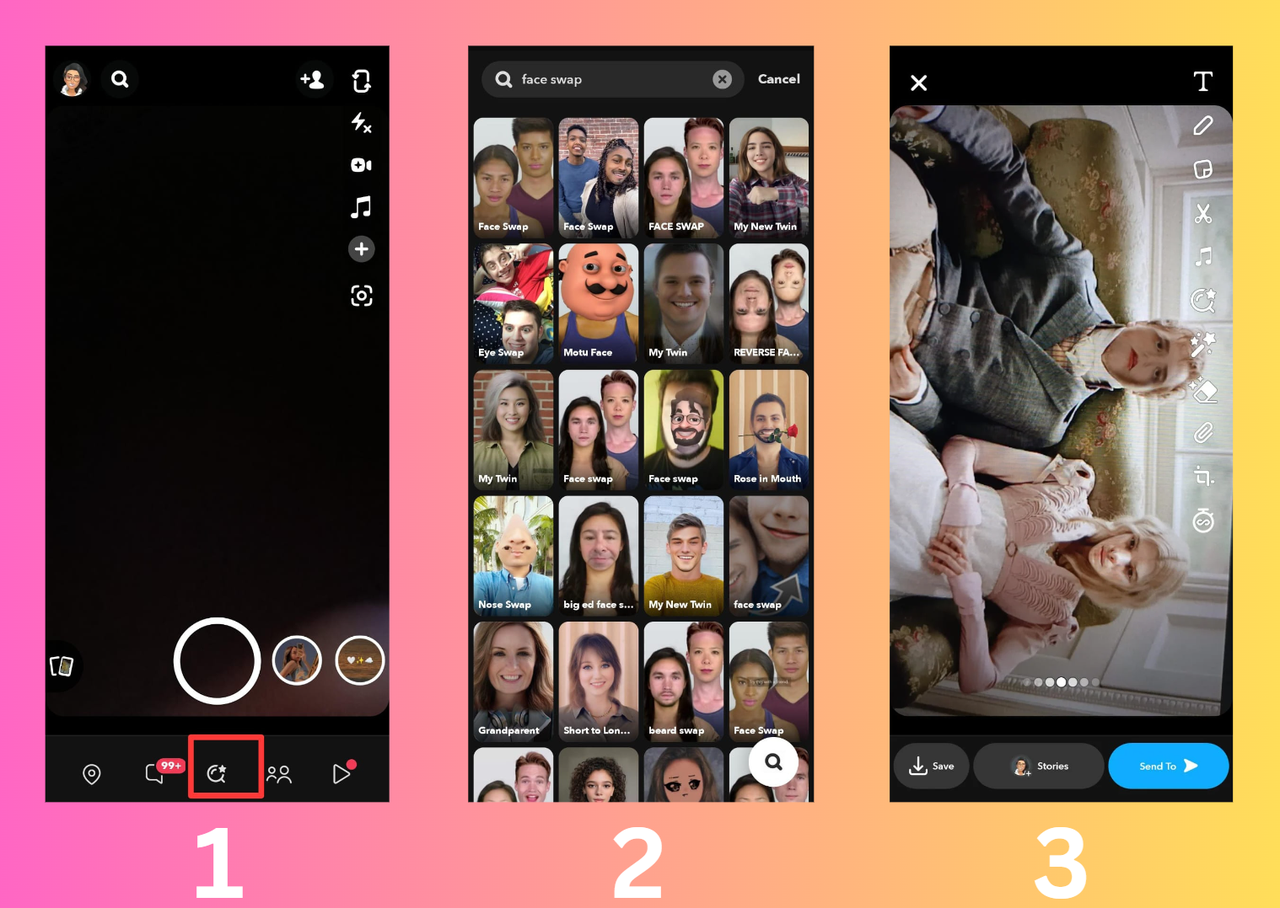 Snapchat app interface showing how to swap face