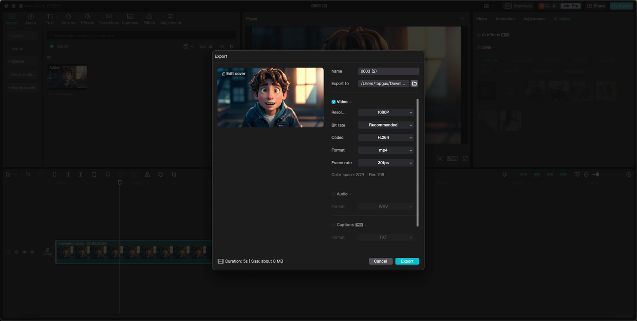 CapCut desktop video editor export file