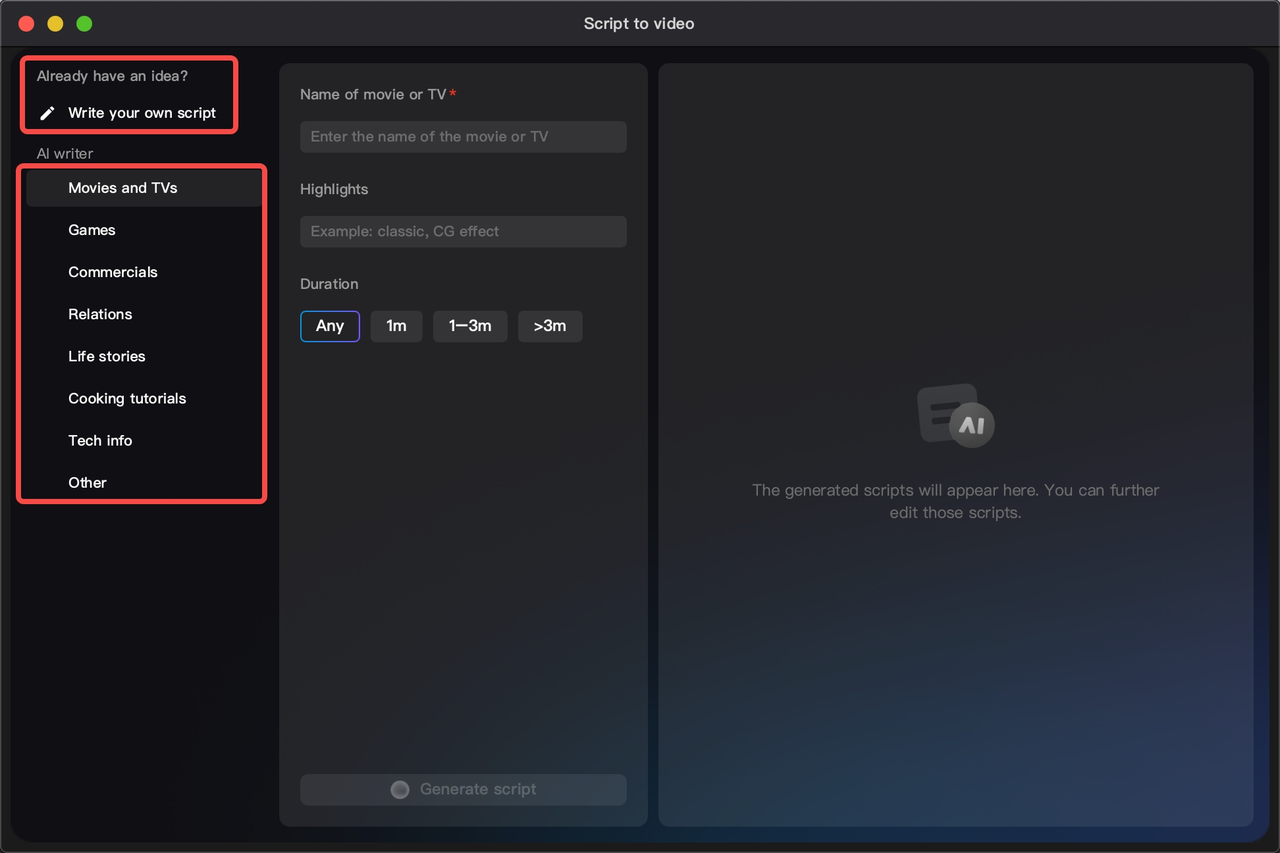 Write your own script or AI writer features