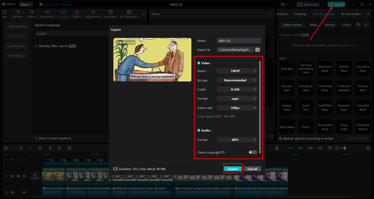 Exporting video from CapCut's library