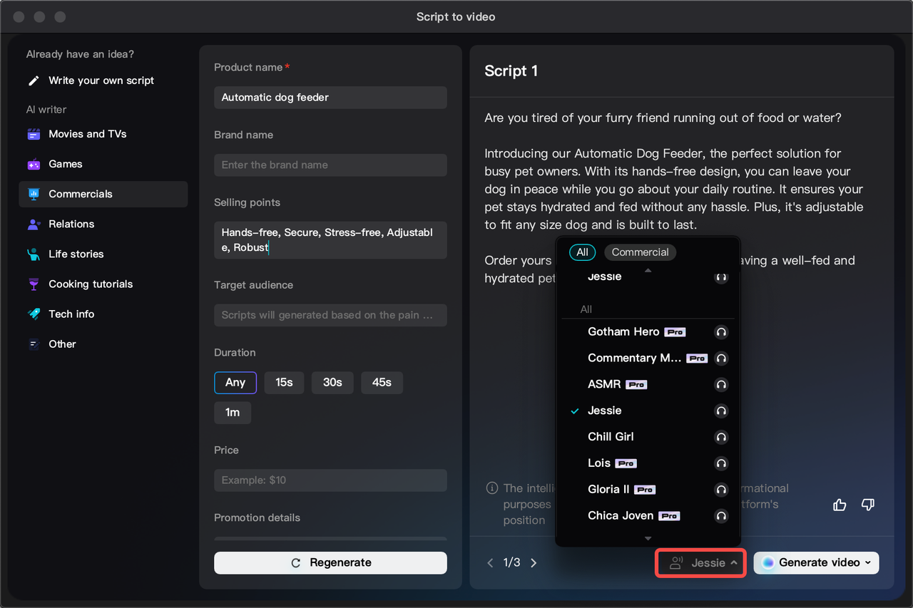 Choose voiceover for your transcript-based video