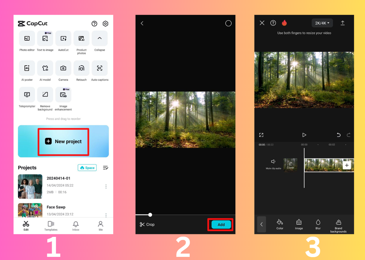 CapCut App interface showing how to import 4K video for editing