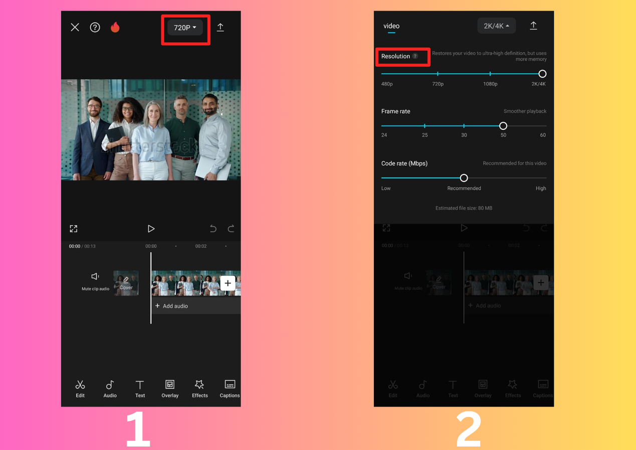 CapCut App interface showing how to improve the resolution output