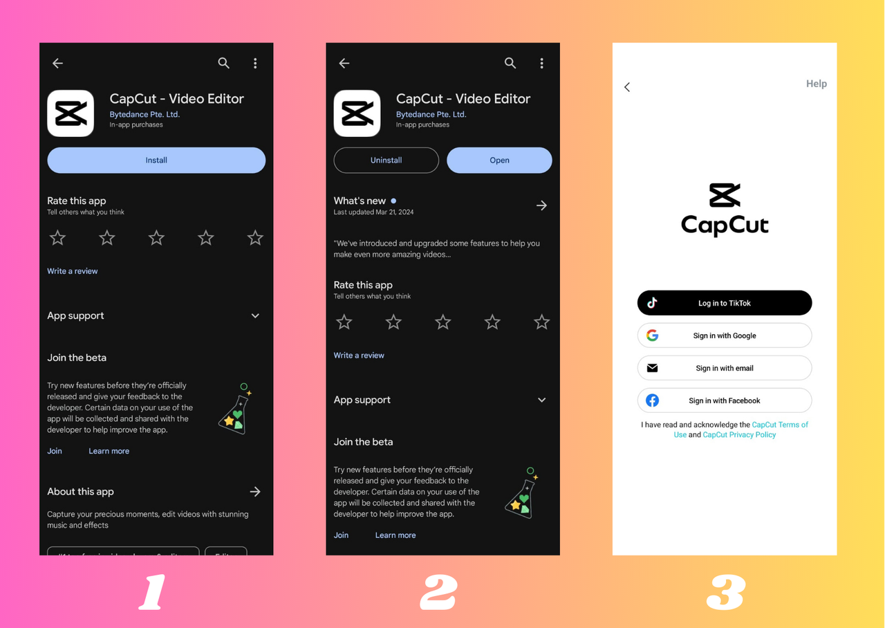 This picture shows how to install and make an account on CapCut App