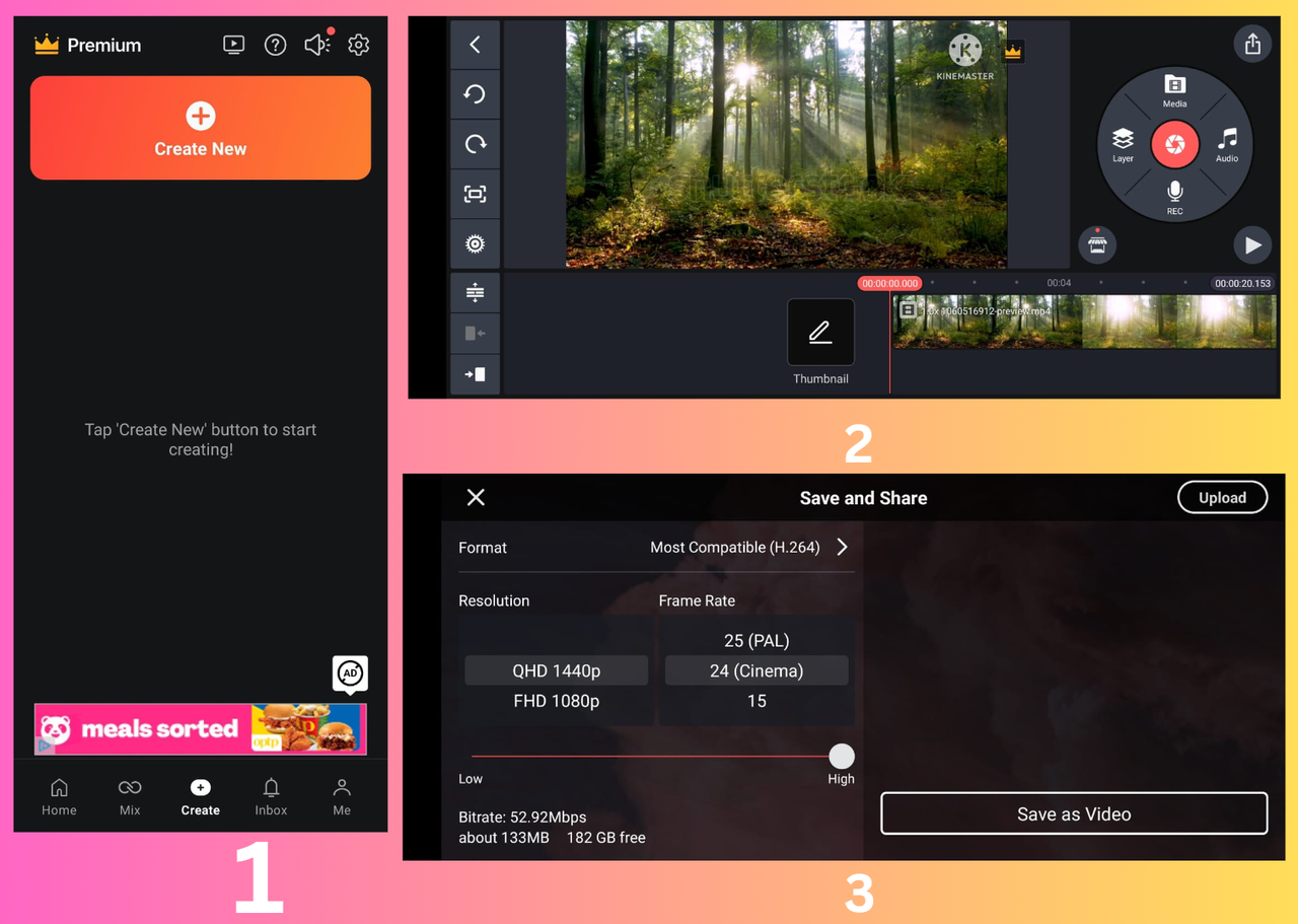 KineMaster App interface showing how to edit and export the video