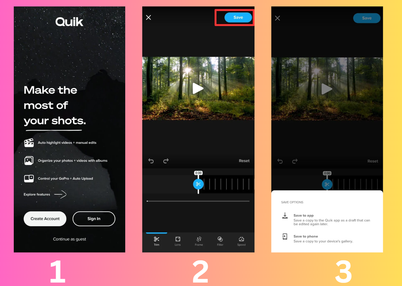 Quick App interface showing how to edit and export a video