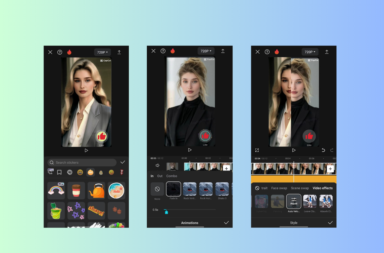 CapCut's stickers and video transition effects