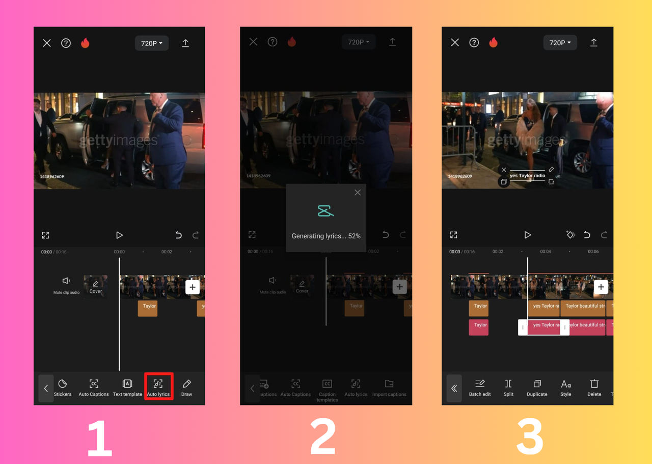 CapCut App interface showing how to add automatic lyrics