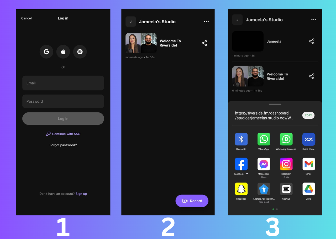 Riverside App interface showing how to record a podcast