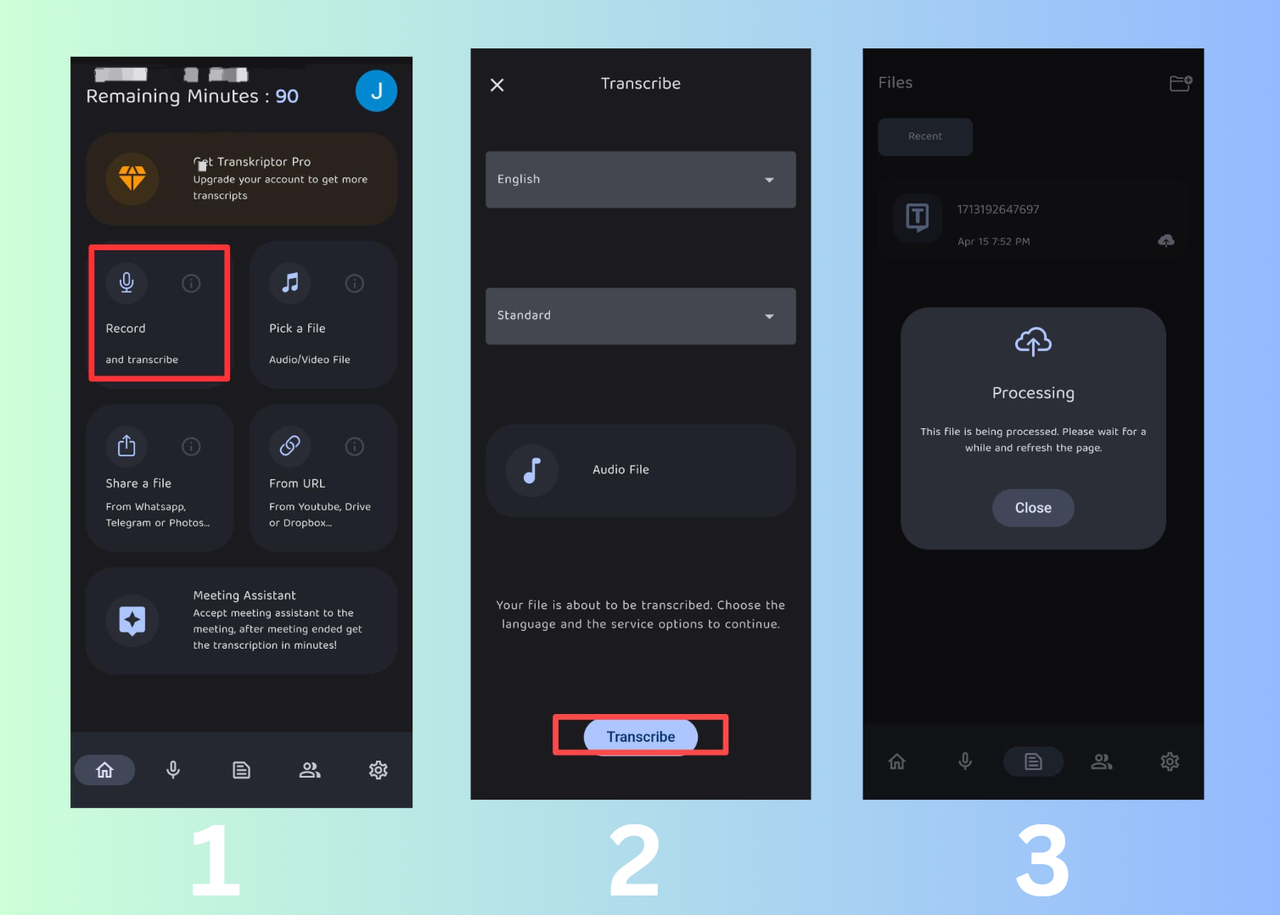 Transkriptor App interface showing the process of transcribing 