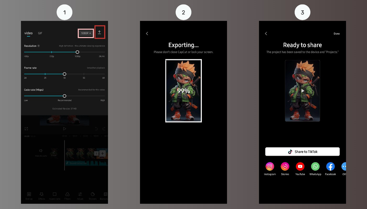 Export and share your video after editing in CapCut mobile app