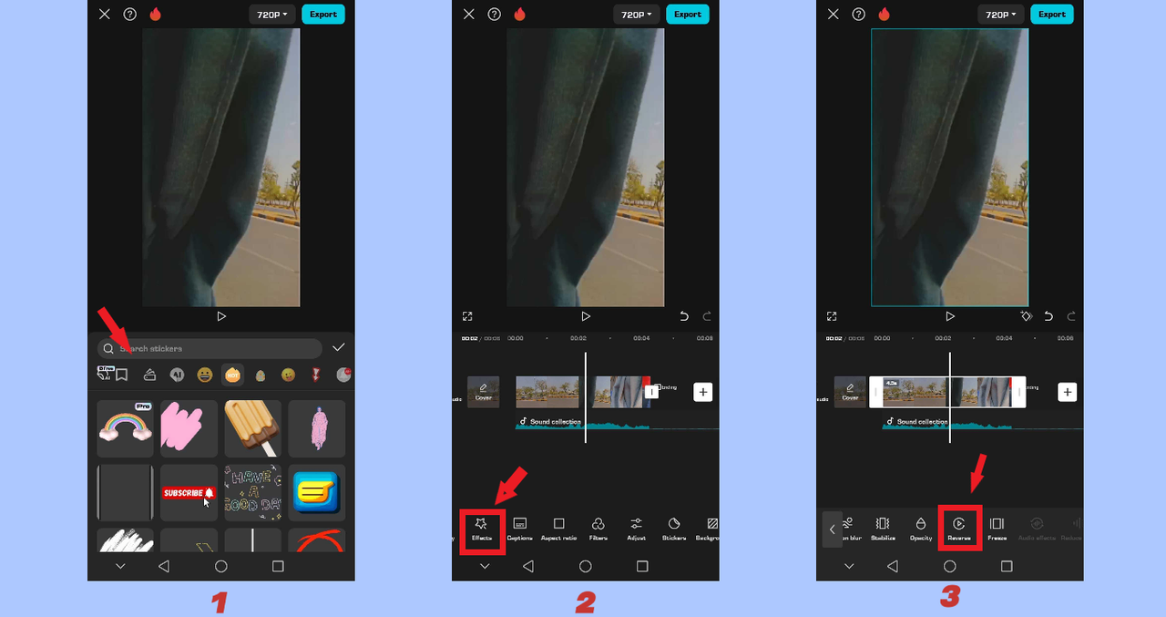 Adding stickers, effects and reversing the audio-video in CapCut App