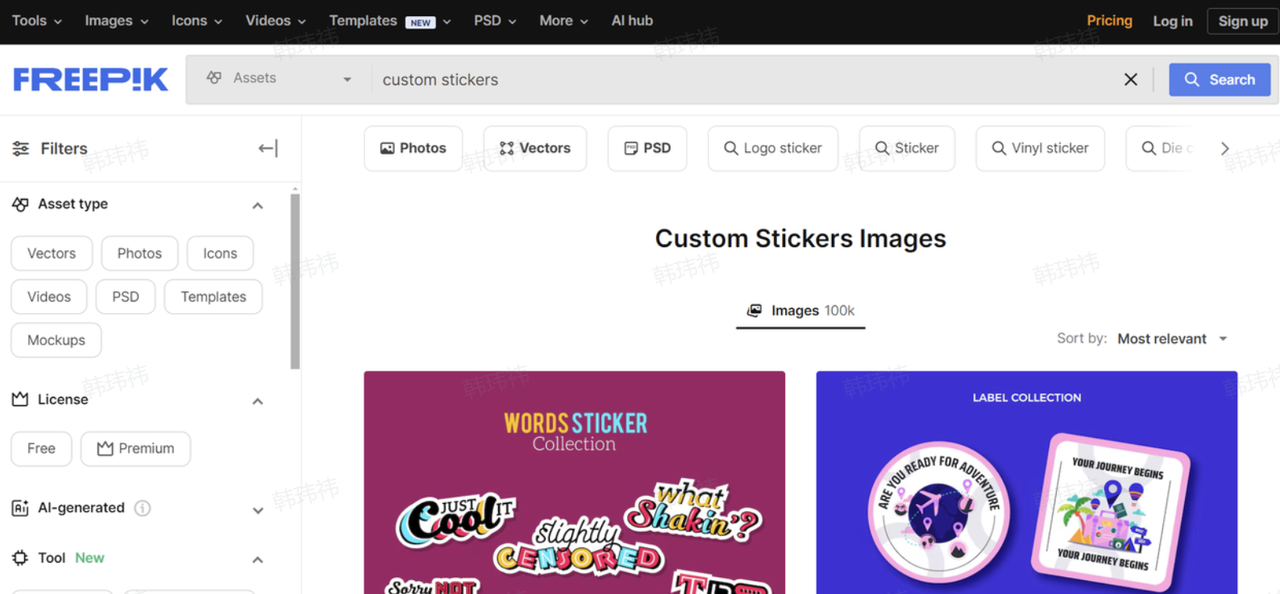 Freepik interface showing a wide variety of sticker templates