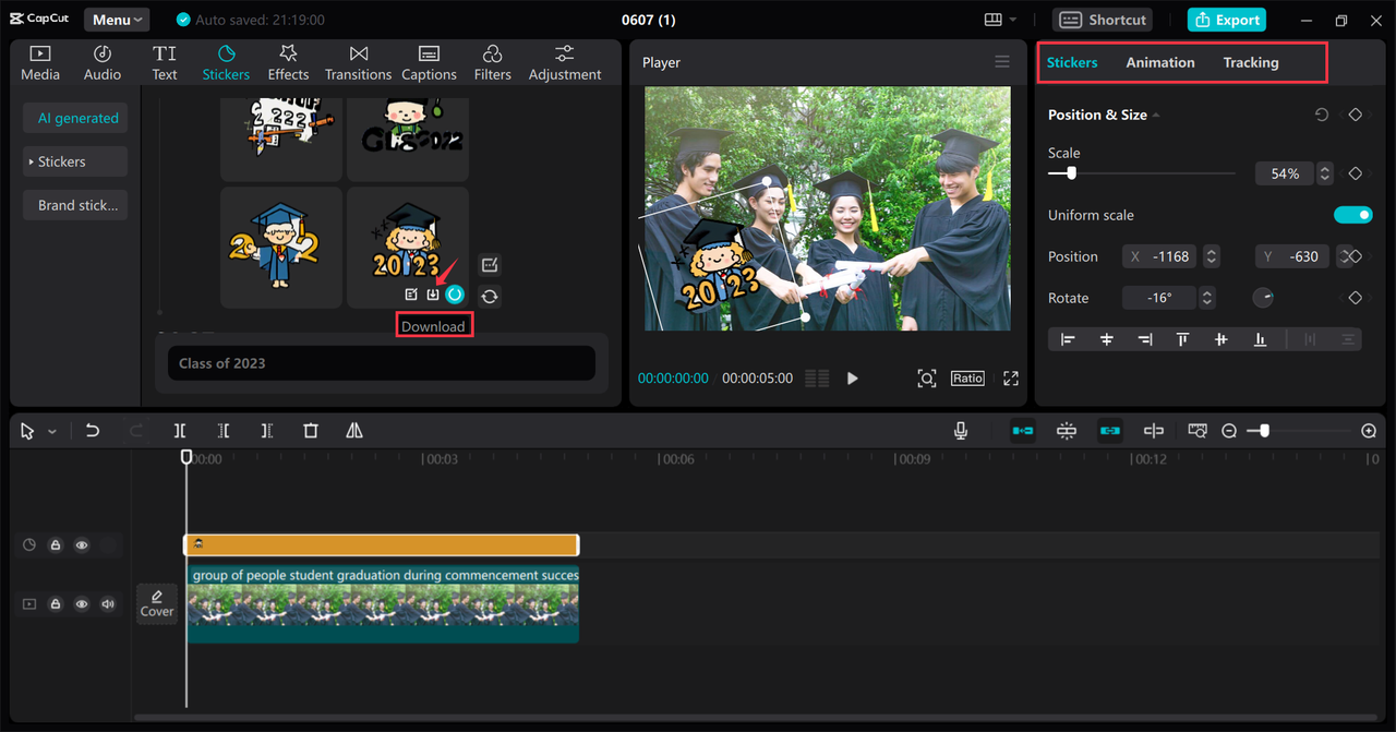 Adjusting the stickers in your video using the CapCut desktop video editor