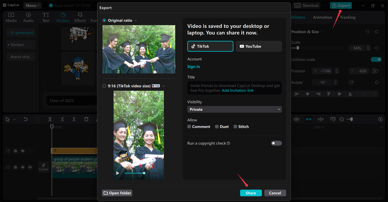 Sharing the video to social media platforms using CapCut desktop video editor